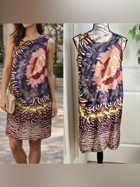 Aoyama Itchome Silk Sleeveless Floral Shift Dress Burgundy Sz S